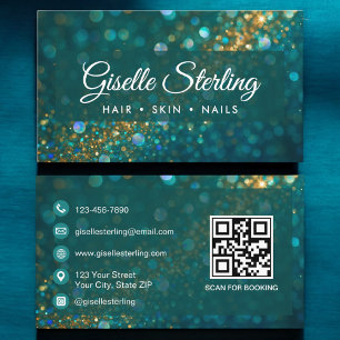 Beauty Salon Gouden Glitter Blauwgroen QR-code Visitekaartje