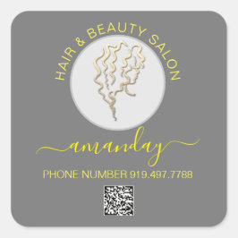 Beauty Salon Hair Logo Grey Yellow QR CODE Vierkante Sticker
