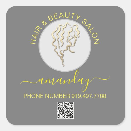 Beauty Salon Hair Logo Grey Yellow QR CODE Vierkante Sticker (Voorkant)