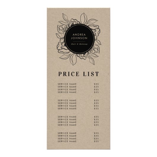 Beauty Salon Hair Makeup Kraft Price List Service Reclamekaart (Voorkant)