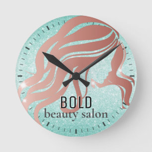 Beauty Salon Name Roos Gold + Aqua Blue Glitter Ronde Klok