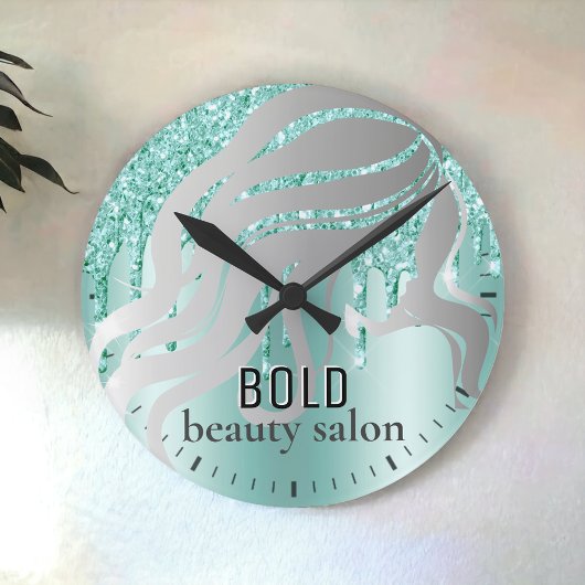 Beauty Salon Name Silver + Aqua Blue Glitter Drive Ronde Klok