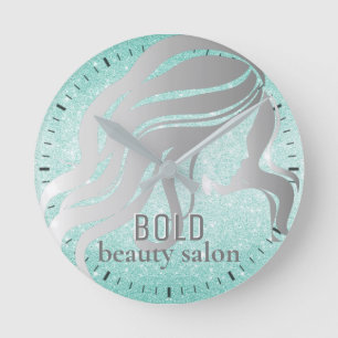 Beauty Salon Name Silver Foil + Aqua Blue Glitter Ronde Klok