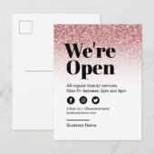 Beauty Salon Open voor zakelijk Roos Gold Glitter Aankondigingskaart (Voorkant / Achterkant)