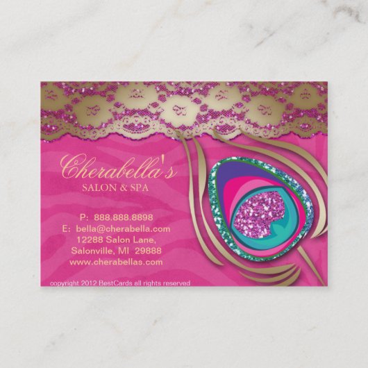 Beauty Salon Peacock Feather Pink Zebra Lace Visitekaartje (Voorkant)