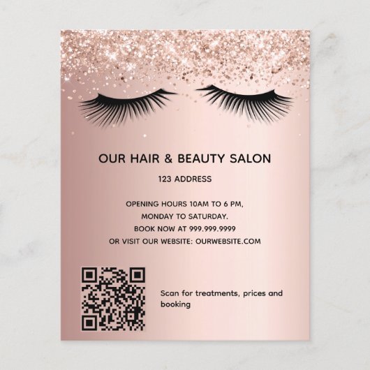 Beauty salon roos gold glitter make-up QR code Flyer (Voorkant)