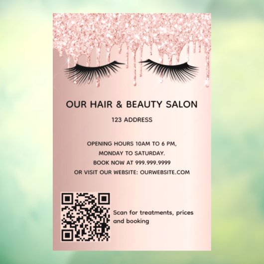 Beauty salon roos Gold glitter zweeft QR-code Raamsticker (Vel 3)