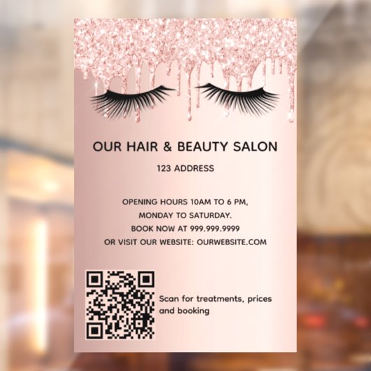Beauty salon roos Gold glitter zweeft QR-code Raamsticker (Vel 2)
