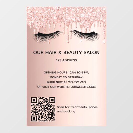 Beauty salon roos Gold glitter zweeft QR-code Raamsticker (Vel)