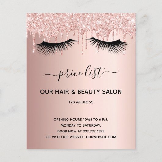 Beauty salon roos goudglitter prijslijst zweepslag flyer (Voorkant)