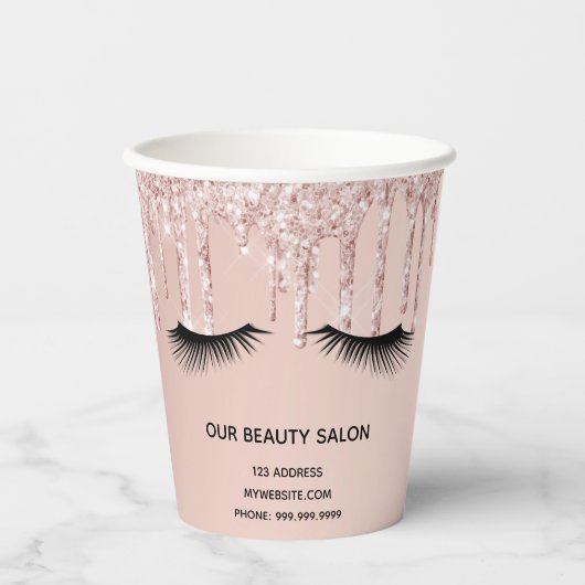 Beauty salon roos goudglitter zweeft handel papieren bekers (Voorkant)