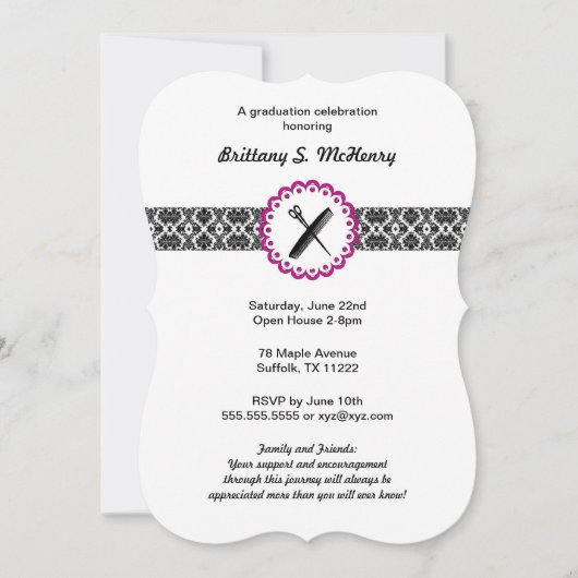 Beauty School Damask Afstuderen Uitnodigingsroze Kaart (Voorkant)