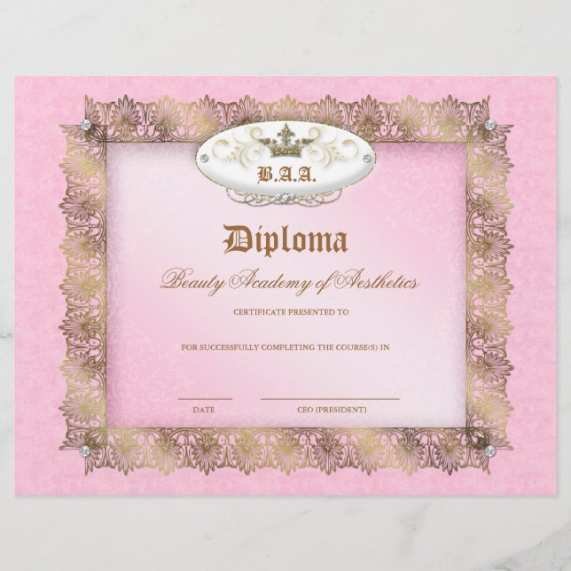 Beauty School Diploma Pink Gold Lace Crown (Voorkant)
