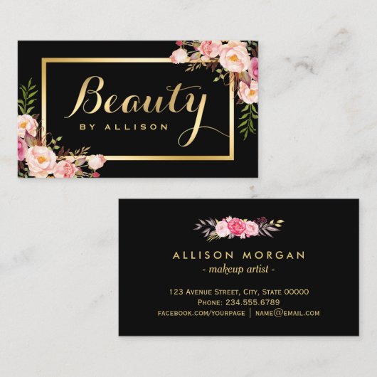 Beauty Script Makeup Salon Black Gold Floral Visitekaartje (Voorkant / Achterkant)