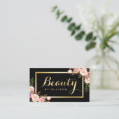 Beauty Script Makeup Salon Black Gold Floral Visitekaartje (Staand voorkant)
