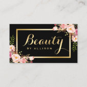 Beauty Script Makeup Salon Black Gold Floral Visitekaartje (Voorkant)