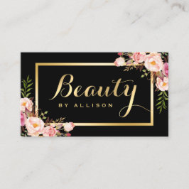 Beauty Script Makeup Salon Black Gold Floral Visitekaartje