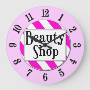 Beauty Shop Pink White Striped Retro Wall Clock Grote Klok