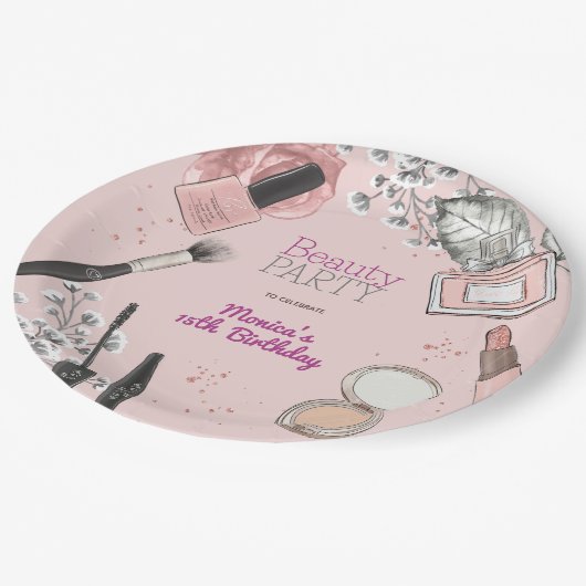 Beauty spa girly stoffig roos verjaardagsfeestje papieren bordje (Gekanteld)
