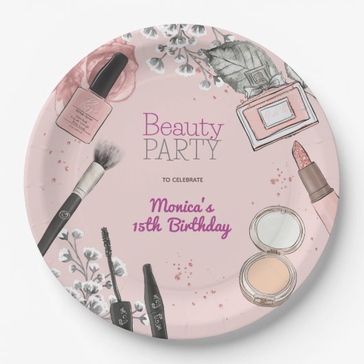 Beauty spa girly stoffig roos verjaardagsfeestje papieren bordje (Voorkant)