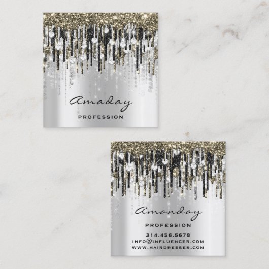 Beauty Studio Hairdresser Makeup Grey Gold Diamond Vierkante Visitekaartje (Voorkant / Achterkant)