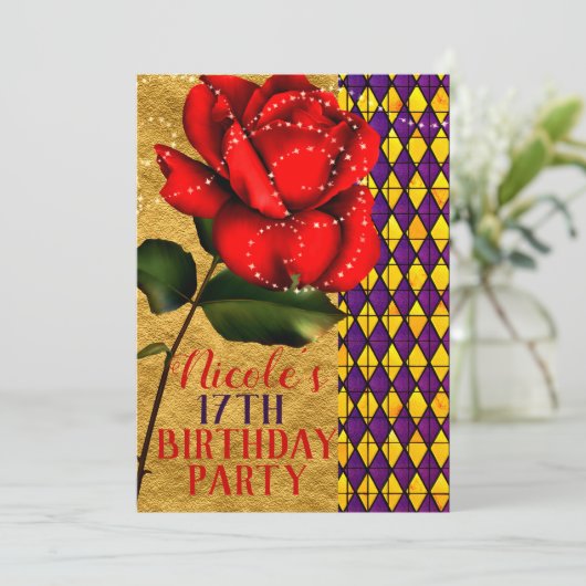 Beauty & The Beast Red Sparkle Roos Verjaardagsfee Kaart (Staand voorkant)