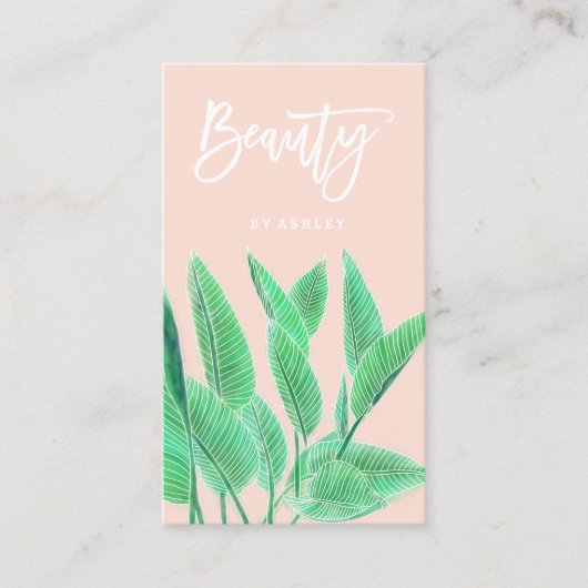 Beauty typography waterverf tropical leaf roink visitekaartje (Voorkant)