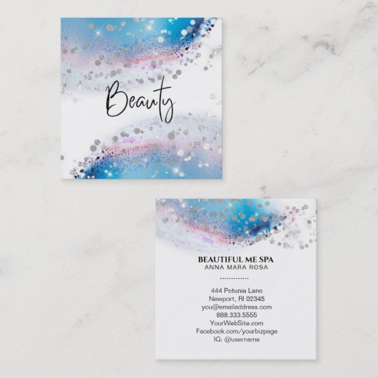 *~* BEAUTY - Waterverf Blue Pastel Silver Glitter Vierkante Visitekaartje (Voorkant / Achterkant)