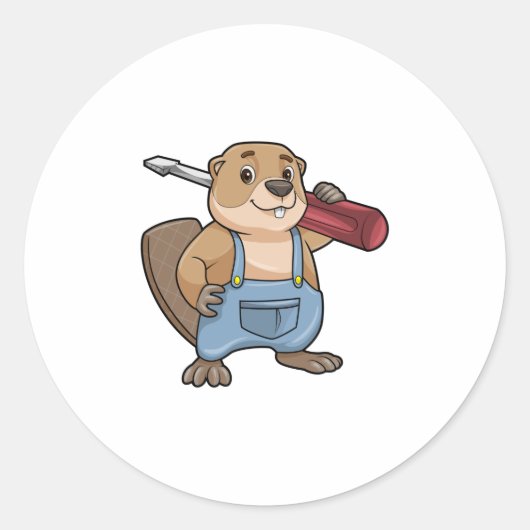 Beaver als ambachtsman met moersleutel ronde sticker (Voorkant)