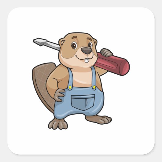 Beaver als ambachtsman met moersleutel vierkante sticker (Voorkant)
