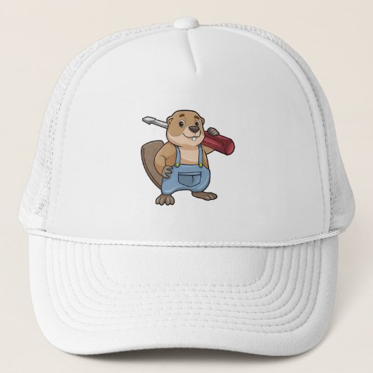 Beaver als ambachtsman met schroevendraaier trucker pet (Voorkant)