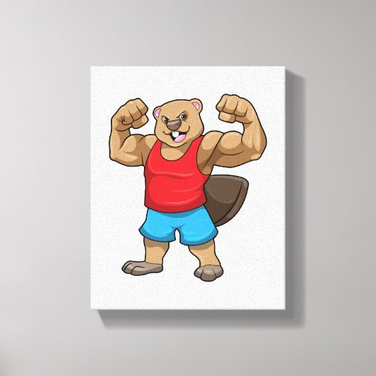 Beaver als Bodybuilder met grote bovenarmen Canvas Afdruk (Voorkant)