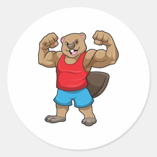 Beaver als Bodybuilder met grote bovenarmen Ronde Sticker (Voorkant)