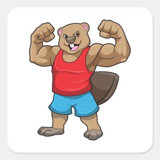 Beaver als Bodybuilder met grote bovenarmen Vierkante Sticker (Voorkant)