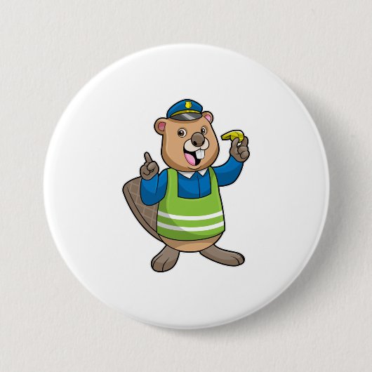Beaver als politieagent met klokkenluider ronde button 7,6 cm (Voorkant)