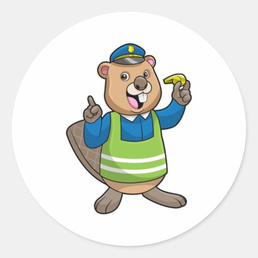 Beaver als politieagent met klokkenluider ronde sticker (Voorkant)