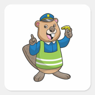Beaver als politieagent met klokkenluider vierkante sticker