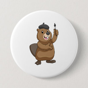 Beaver as Painter with Paint brush Ronde Button 7,6 Cm