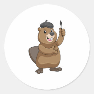 Beaver as Painter with Paint brush Ronde Sticker