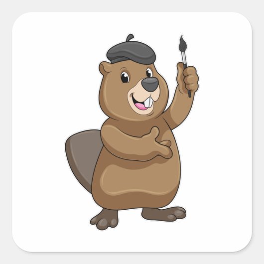 Beaver as Painter with Paint brush Vierkante Sticker (Voorkant)