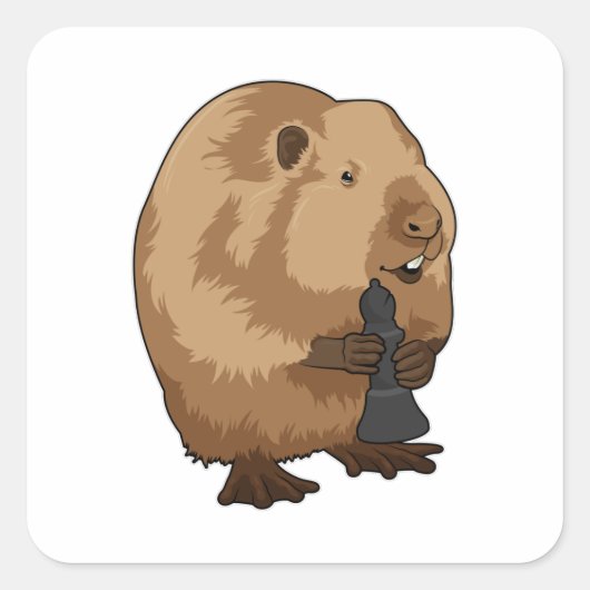 Beaver bij Chess met Chess Bishop Vierkante Sticker (Voorkant)