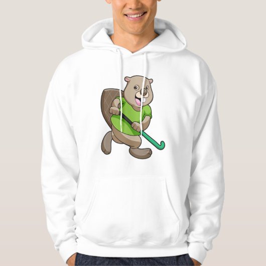 Beaver bij Hockey met Hockey bat Hoodie (Voorkant)