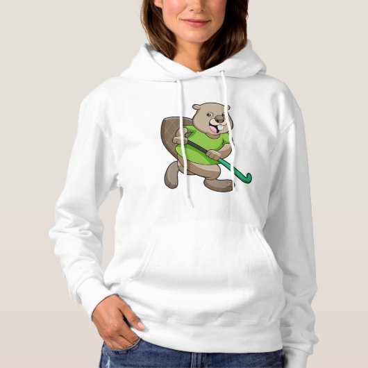 Beaver bij Hockey met Hockey bat Hoodie (Voorkant)