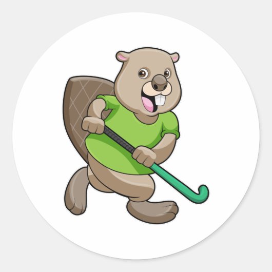 Beaver bij Hockey met Hockey bat Ronde Sticker (Voorkant)