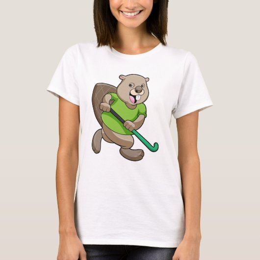 Beaver bij Hockey met Hockey bat T-shirt (Voorkant)