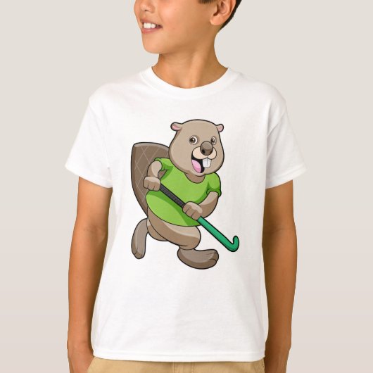 Beaver bij Hockey met Hockey bat T-shirt (Voorkant)
