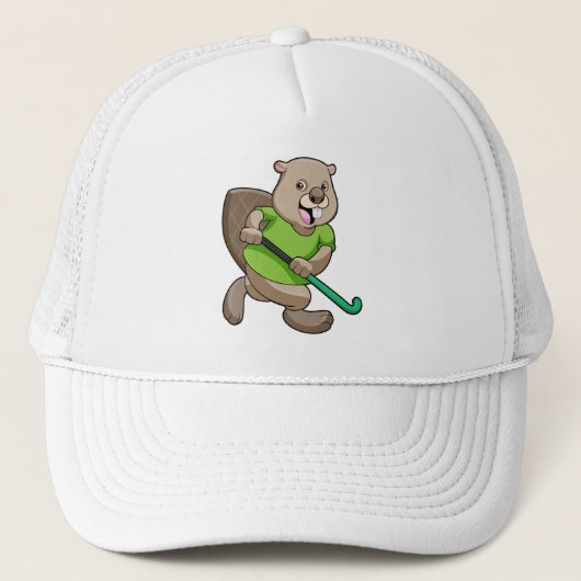 Beaver bij Hockey met Hockey bat Trucker Pet (Voorkant)