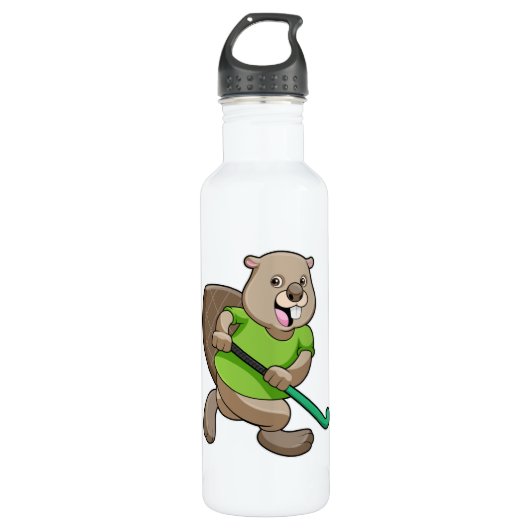 Beaver bij Hockey met Hockey bat Waterfles (Voorkant)