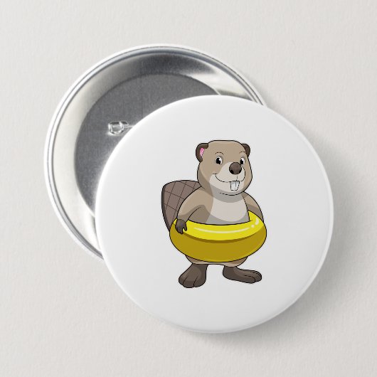 Beaver bij Zwemmen met Zwemring Ronde Button 7,6 Cm (Voorkant /achterkant)
