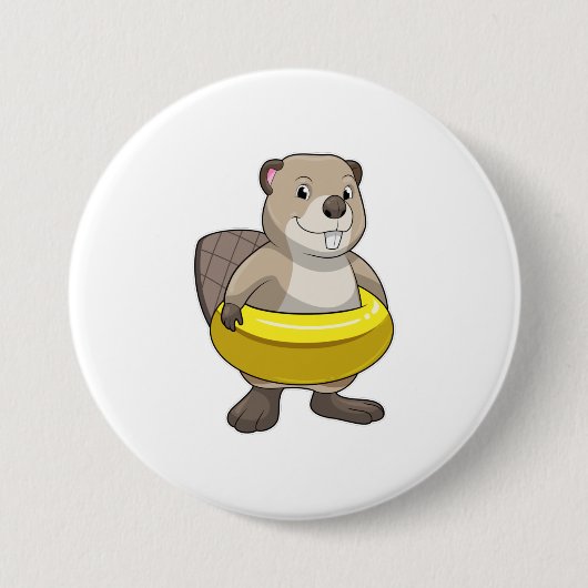 Beaver bij Zwemmen met Zwemring Ronde Button 7,6 Cm (Voorkant)